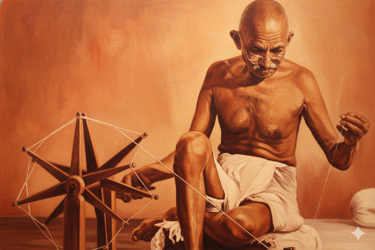 painting mahatma gandhi spinning wheel charkha